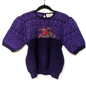 Vintage 80s Susan Bristol Puff Sleeve Sweater Wool Purple Floral Embroidered M